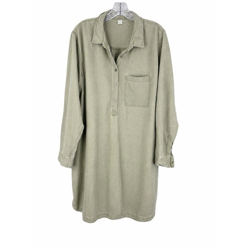 Old Navy Olive Green Tencel Lyocell Shirt Dress XL Lagenlook Long Sleeve Utility